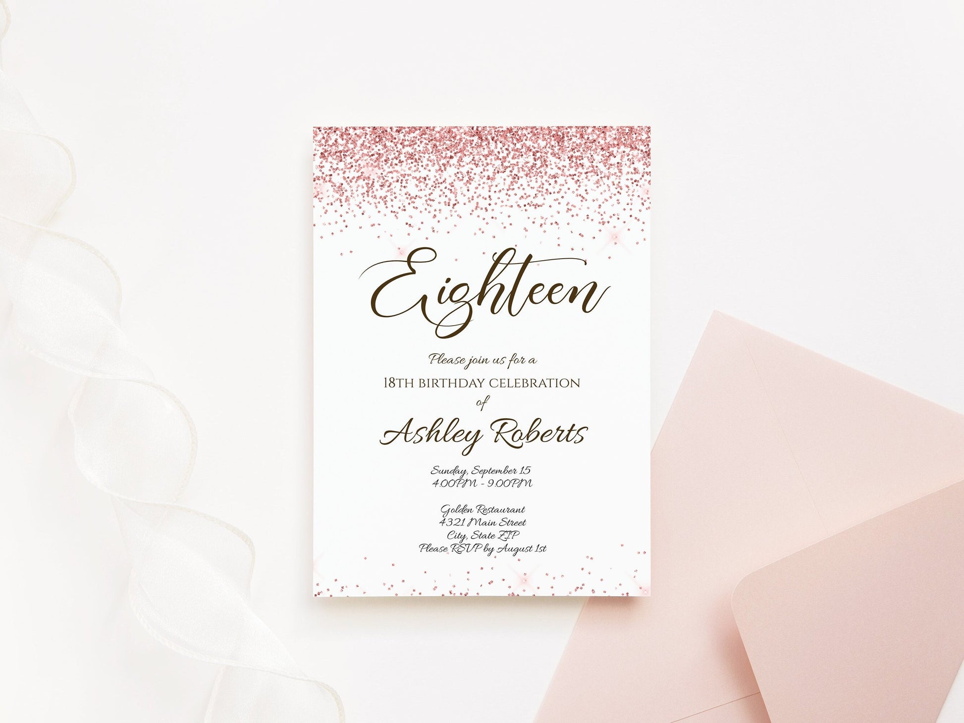 Luxury 18th Rose Gold Glitter Editable Eighteen Birthday Invitation Template, Printable Invite or Text Digital Invitation, Instant Download