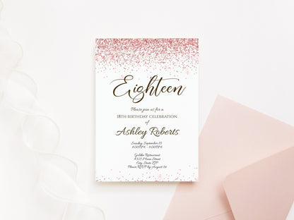 Luxury 18th Rose Gold Glitter Editable Eighteen Birthday Invitation Template, Printable Invite or Text Digital Invitation, Instant Download