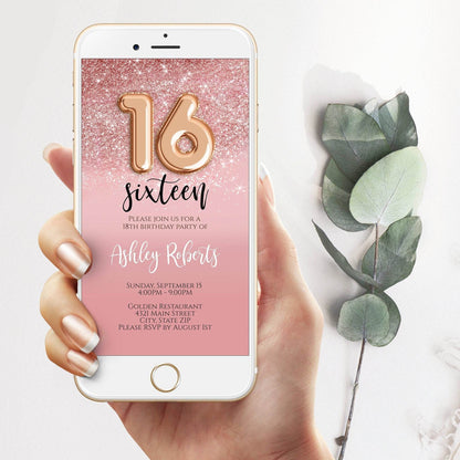 Sweet 16 Birthday Party Evite | Rose Gold Pink Digital Invitation Template | Editable Sweet Sixteen Electronic Invite with Balloons | Instant Download