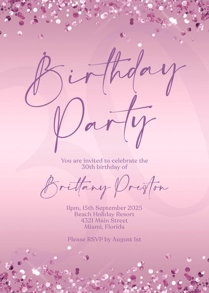 Editable Purple Birthday Party Invitation Template, Printable Woman Birthday Invite, Any Age Birthday Card Invite, Modern Email Text Message