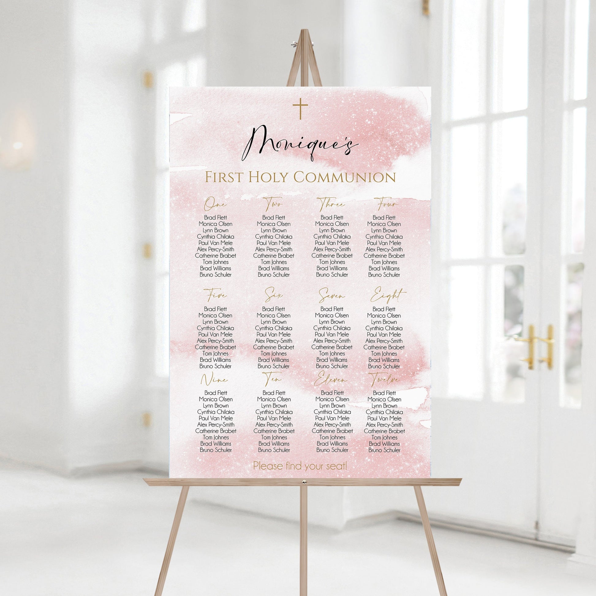 Pink Girl First Holy Communion Seating Chart Sign Template, Printable Seating Chart, Editable Seating Sign, Digital Girl Seating Sign Poster