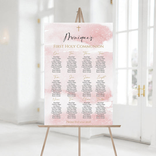Pink Girl First Holy Communion Seating Chart Sign Template, Printable Seating Chart, Editable Seating Sign, Digital Girl Seating Sign Poster