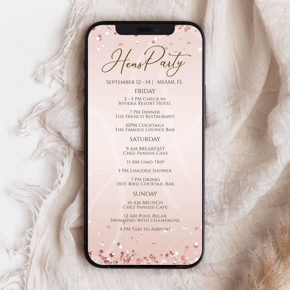Rose Gold Digital Hens Party Weekend Itinerary Template – Editable Electronic Schedule for Birthday, Bachelorette, or Wedding | Text Message Evite | Instant Download