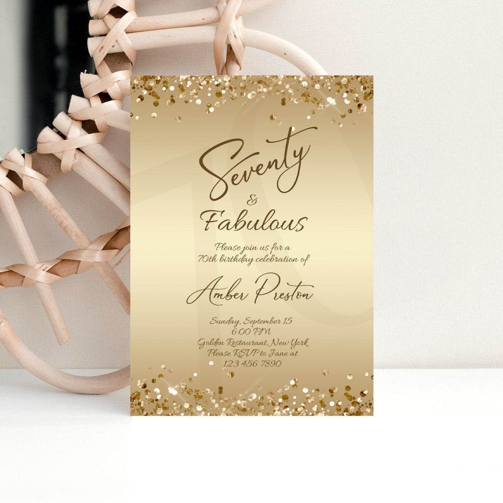 Gold 70th Birthday Invitation for Her – Editable Seventy & Fabulous Surprise Party Evite | Printable Gold Foil Women’s Invite | Instant Digital Download