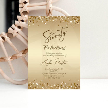 Gold 70th Birthday Invitation for Her – Editable Seventy & Fabulous Surprise Party Evite | Printable Gold Foil Women’s Invite | Instant Digital Download
