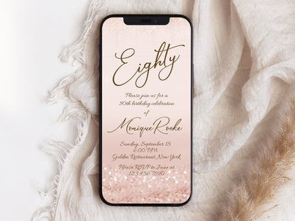 Digital Rose Gold 80th Eighty Invite template, Electronic Rose Gold Confetti editable 80th Birthday Text Message Evite, Phone invitation