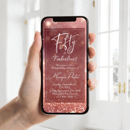 50th Birthday Dinner Party Invitation | Rose Gold Glitter "Fifty and Fabulous" Evite | Editable Text Message Invite | Digital Download