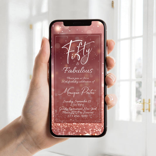 50th Birthday Dinner Party Invitation | Rose Gold Glitter "Fifty and Fabulous" Evite | Editable Text Message Invite | Digital Download