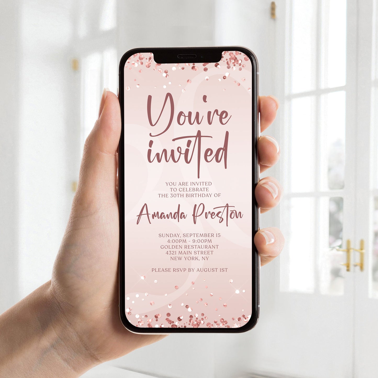 Digital Pink You're Invited Evite, Rose Gold Phone Text Message Invite Template, Electronic Luxury You're Invited Invitation, Special event