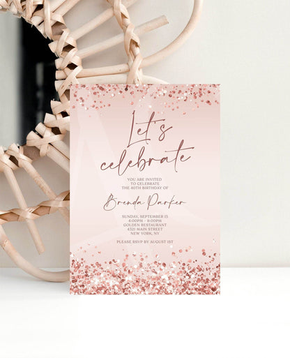 Printable Rose Gold Let’s Celebrate Birthday Invitation Template, Editable Any Age Invite, Digital Text Message Evite, Instant Download
