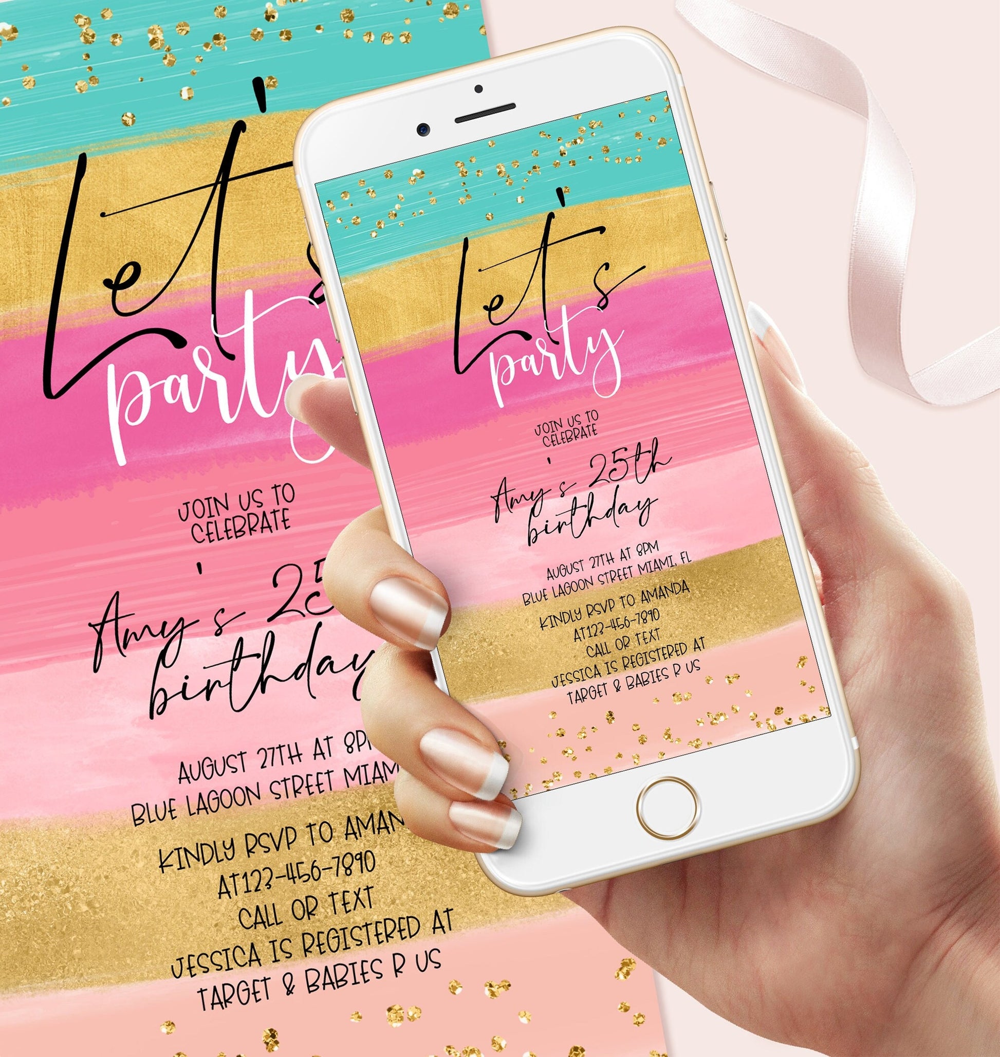 Digital Birthday Invitation - Rainbow Colors, Gold Text | Instant Download