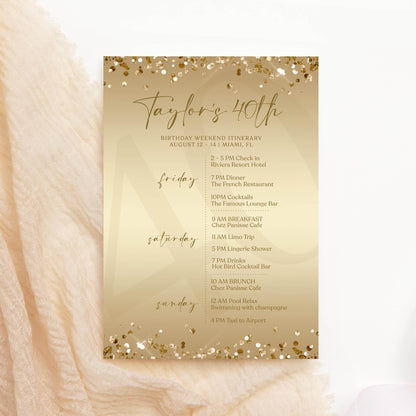 Editable Gold 40th Forty Birthday Itinerary Template, Printable Luxury Weekend Itinerary, Any Age Birthday Itinerary, Email Text Message