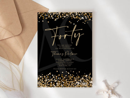 Printable Black Gold 40th Birthday Invitation Template, Editable Gold Confetti Invite, Luxury Mens 40th Birthday Party DIY Digital Download