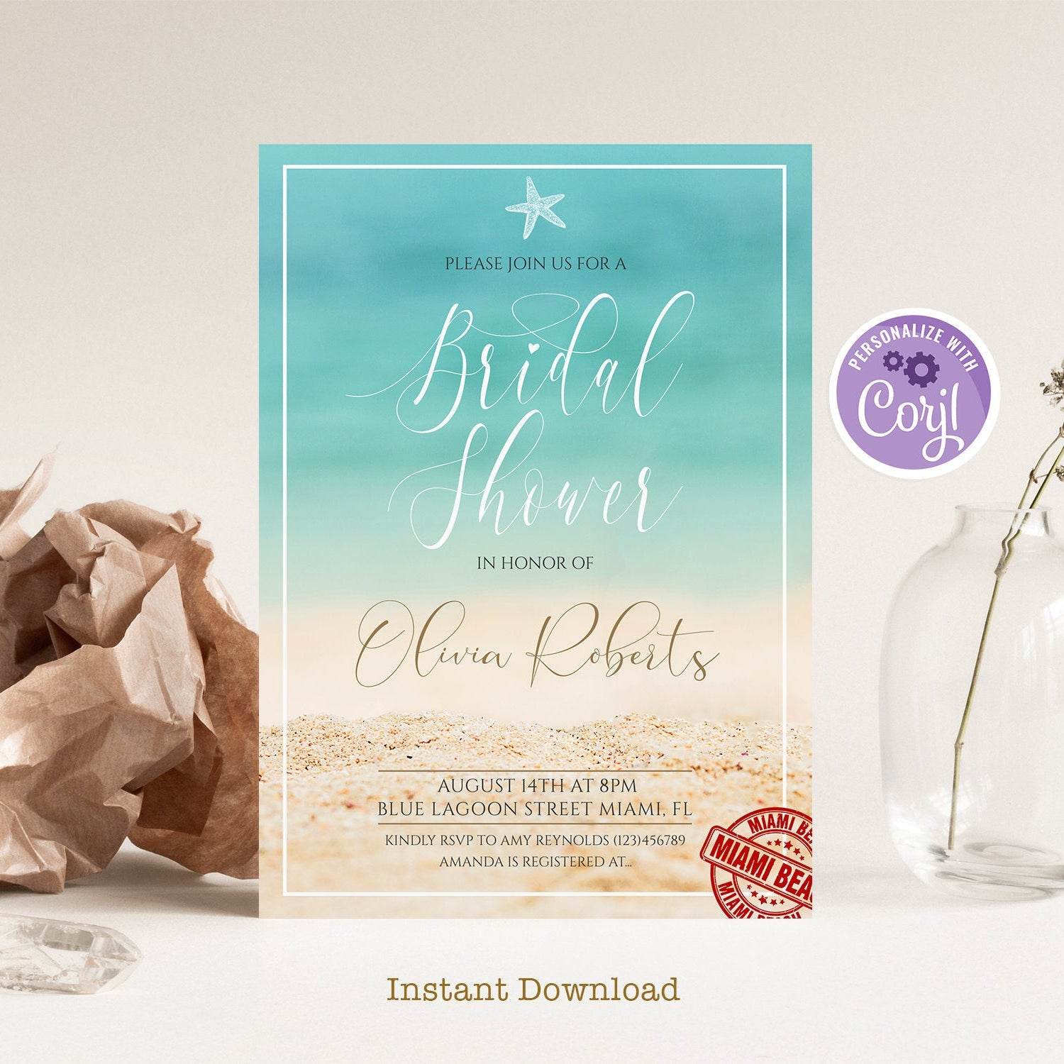 Beach Bridal Shower Invitation Template – Editable Ocean Themed Invite – Sea & Sand Bridal Shower – Printable Coastal Beach Wedding Shower Card