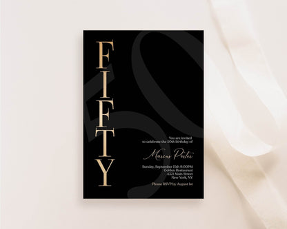 Printable Black 50th Birthday Invitation for Men, Simple Gold & Black Invite, Editable 50th Birthday Text Message Invite, Instant Download