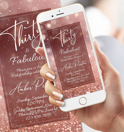 Digital Thirty and Fabulous Dinner Party Invitation – Rose Gold Glitter 30th Birthday Evite for Her | Editable Electronic Invite Template | Instant Download