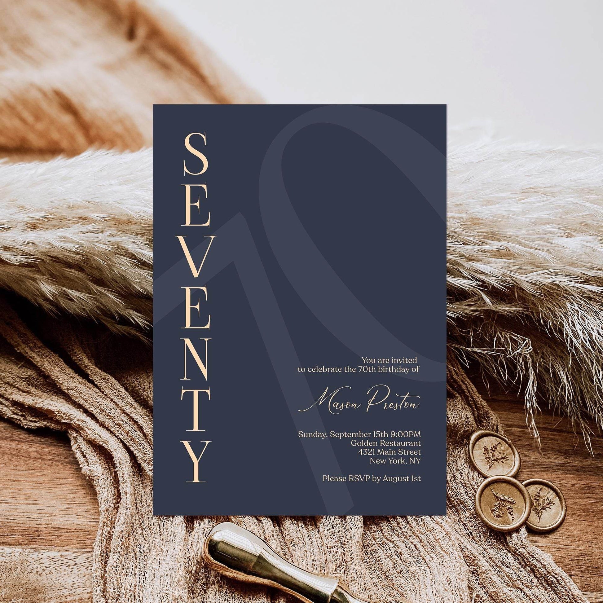 Navy 70th Birthday Invitation Template – Editable Minimalist Birthday Card | Printable Modern 70th Birthday Invite for Him | Instant Download