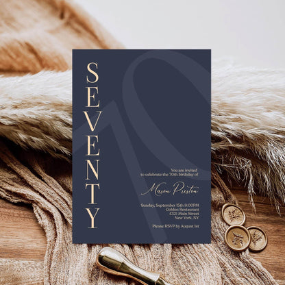 Navy 70th Birthday Invitation Template – Editable Minimalist Birthday Card | Printable Modern 70th Birthday Invite for Him | Instant Download