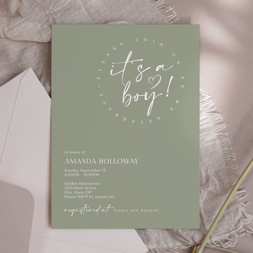 Minimalist Green Baby Shower Invitation – Editable Digital Evite, It’s a Boy Baby Shower Invite – Sage Green Corjl Template, Boho Baby Shower Invitation for Boy – Mobile Text Format, Editable Baby Shower Card – Minimal Green Design, Digital Baby Shower Invitation – Greenery for Boy, Customizable It's a Boy Invitation – Instant Download, Modern Baby Shower Evite – Sage Green for Boy, Text Message Baby Shower Invite – Editable Green Template