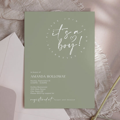 Minimalist Green Baby Shower Invitation – Editable Digital Evite, It’s a Boy Baby Shower Invite – Sage Green Corjl Template, Boho Baby Shower Invitation for Boy – Mobile Text Format, Editable Baby Shower Card – Minimal Green Design, Digital Baby Shower Invitation – Greenery for Boy, Customizable It's a Boy Invitation – Instant Download, Modern Baby Shower Evite – Sage Green for Boy, Text Message Baby Shower Invite – Editable Green Template