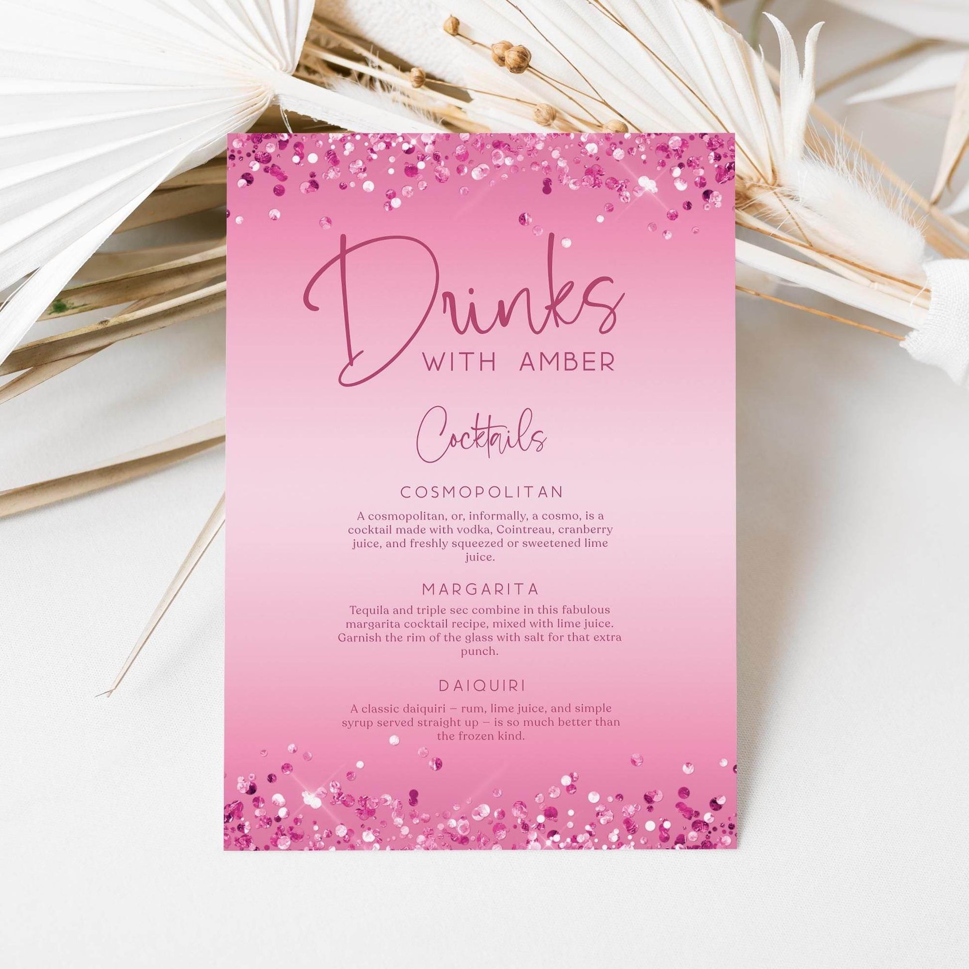 Cocktail Drinks Menu Signage Template – Editable Pink Signature Drinks Menu | Custom Name Printable for Birthday, Bachelorette, Hens Party | Instant Digital Download