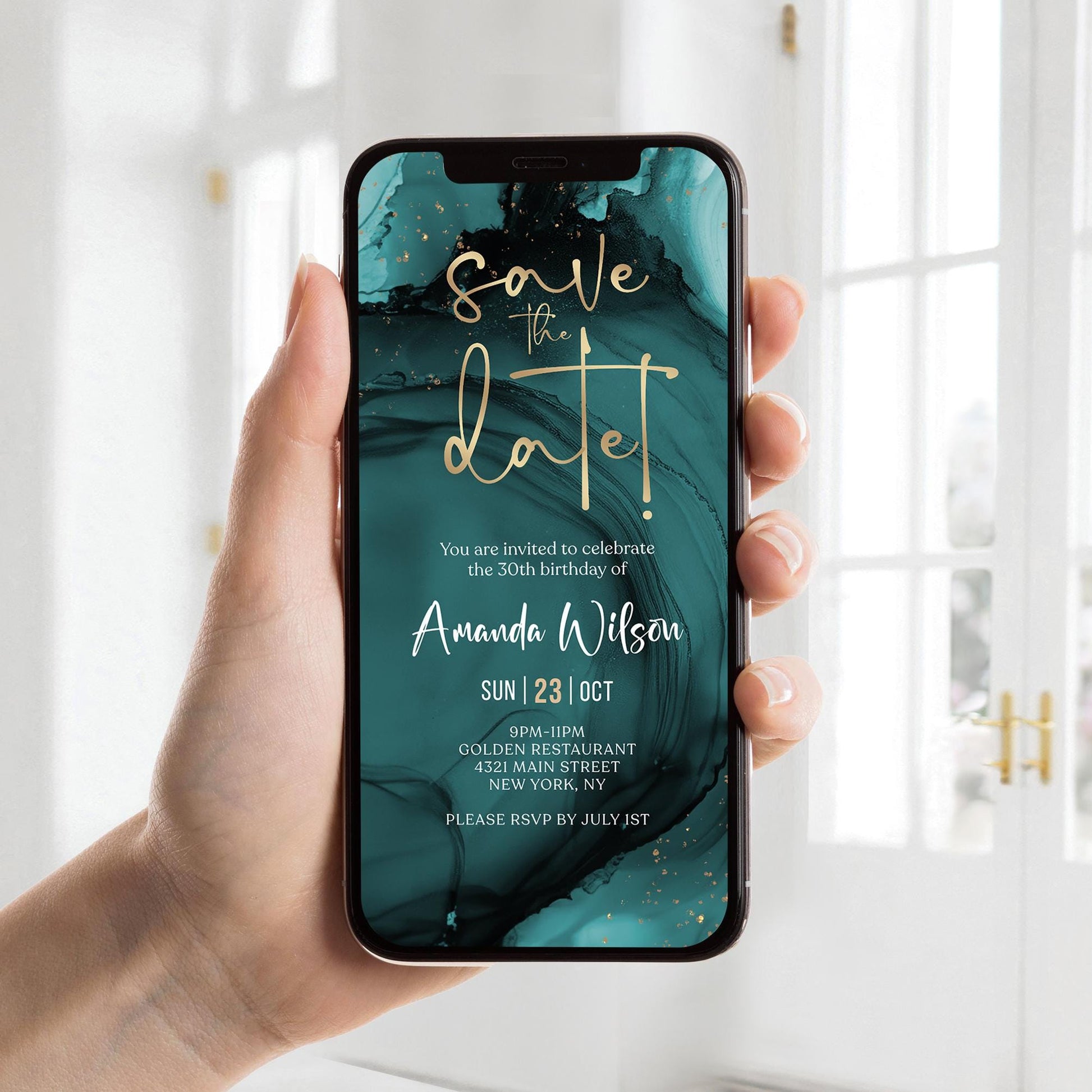 Digital Teal Gold Save the Date Invitation template, Electronic Birthday Invite, Editable Mobile Evite, Any Age Invite, Text Message Evite