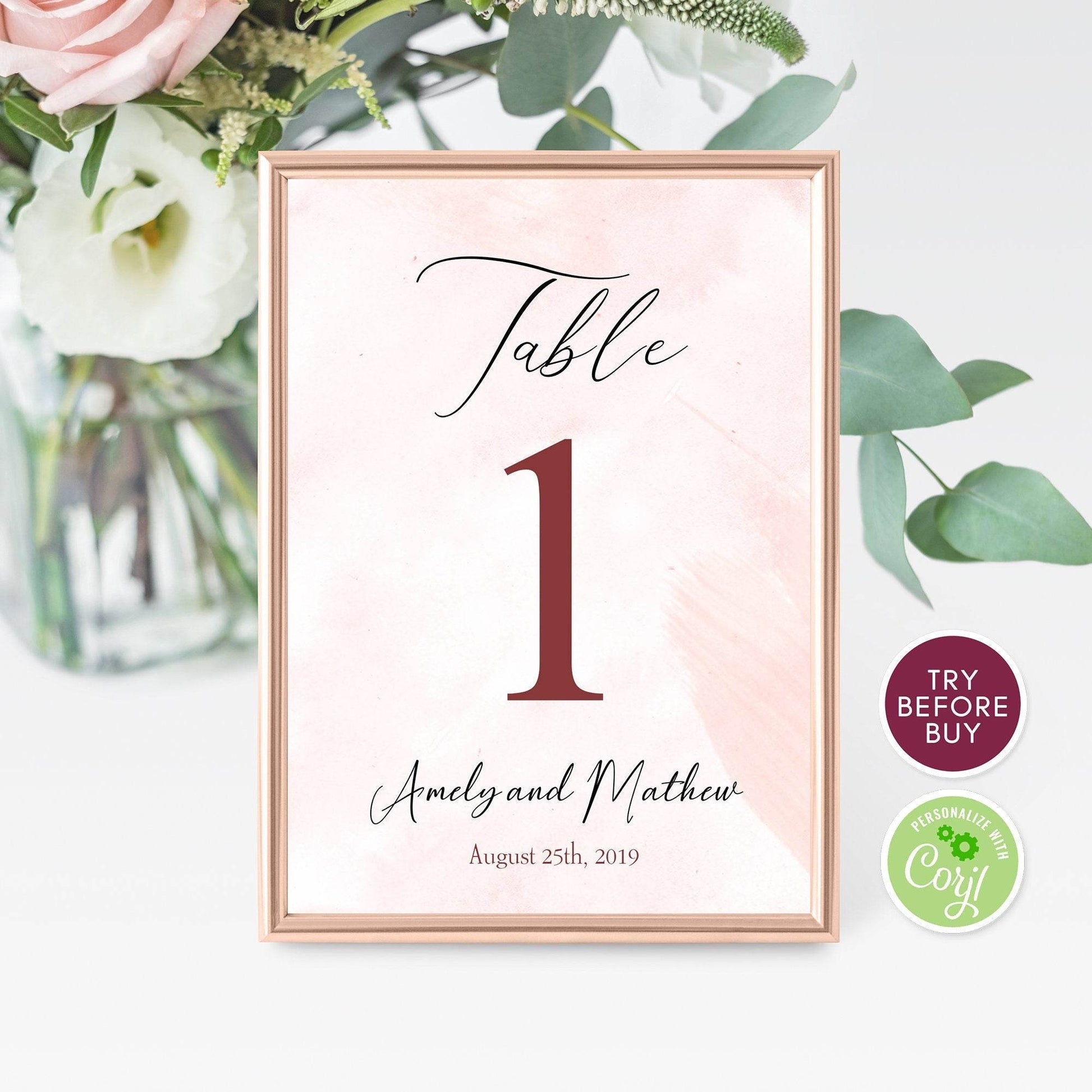 Table Number Template Printable, Editable Gold Watercolor Table Card Sign, DIY Wedding Table Numbers, Digital Download