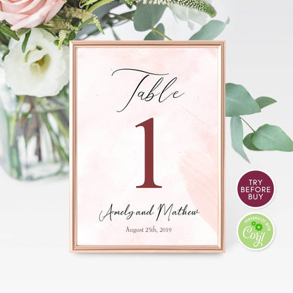 Table Number Template Printable, Editable Gold Watercolor Table Card Sign, DIY Wedding Table Numbers, Digital Download