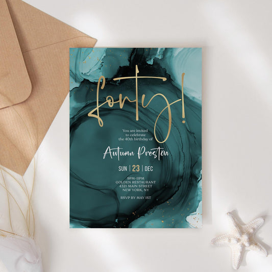 Teal Turquoise and Gold 40th Birthday Invitation | Editable Surprise Party Invite | Printable Digital Template | Forty Birthday Celebration Download