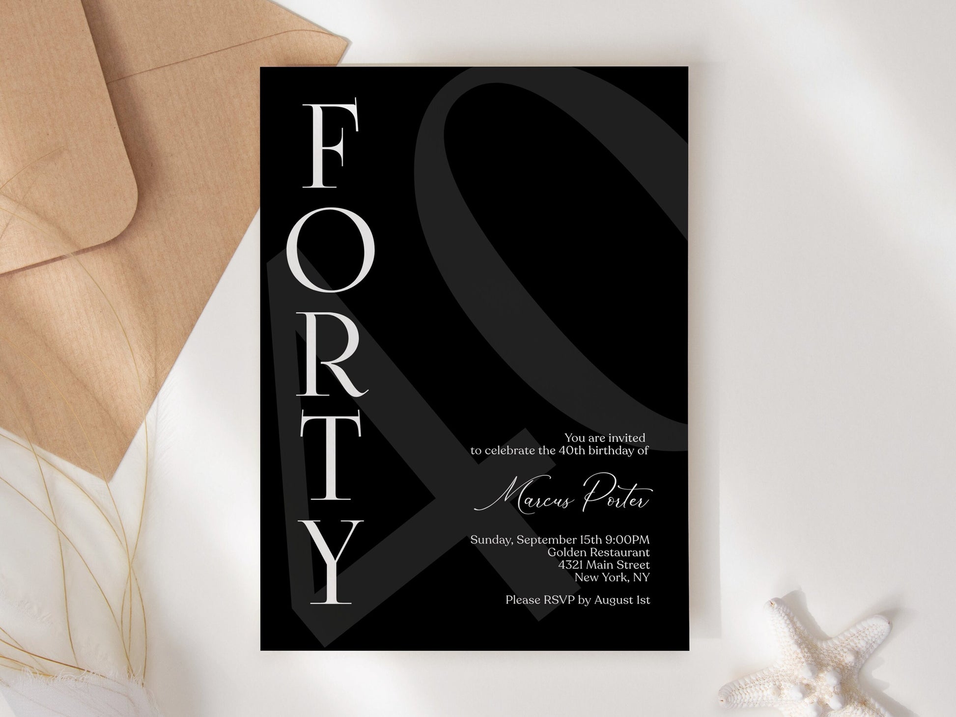 Minimalist Black 40th Birthday Invitation Template - Editable Design