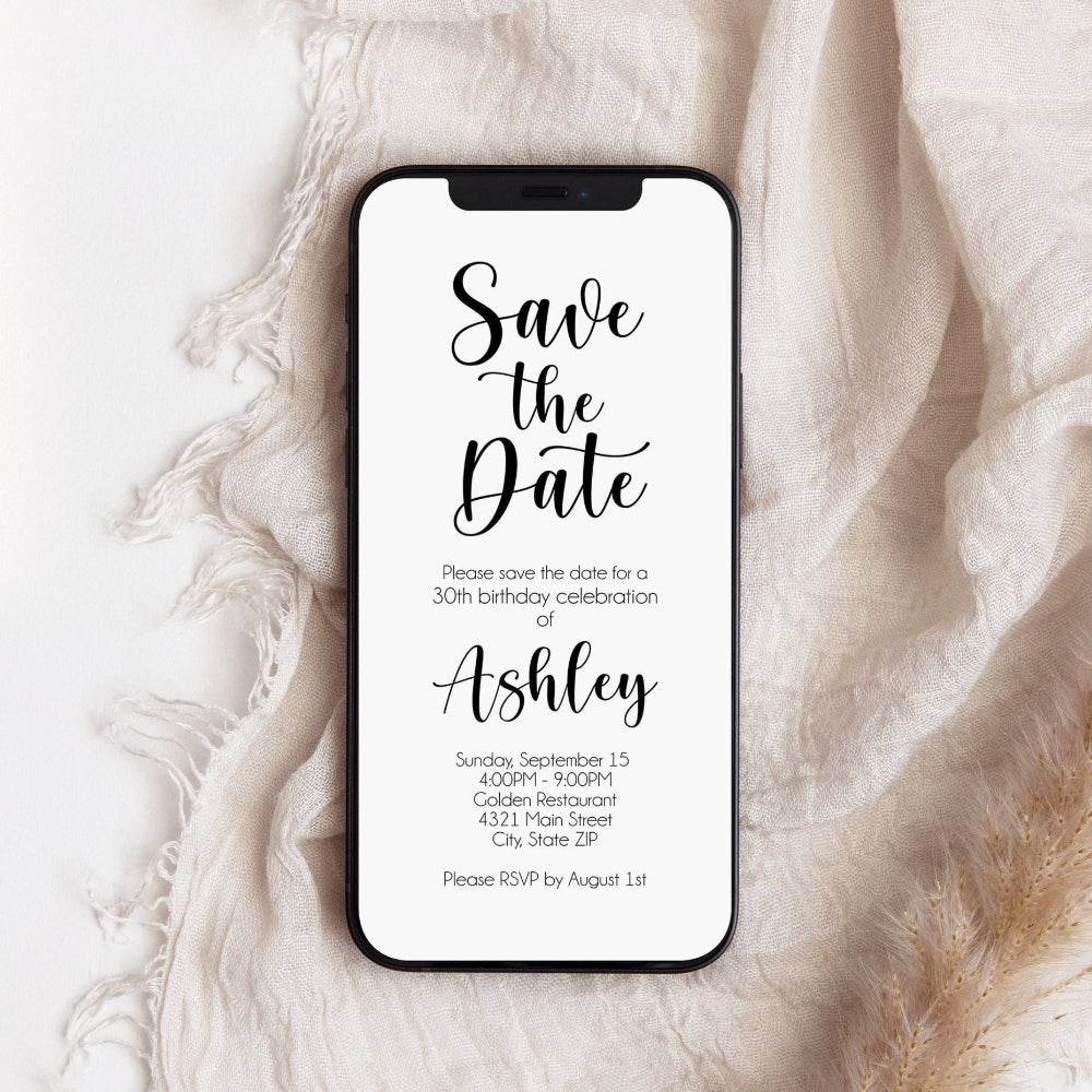 Modern Save the Date Electronic Invitation – Editable Digital Evite Template, Simple Birthday Invite, Text Message or Email Download