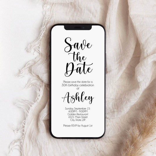 Modern Save the Date Electronic Invitation – Editable Digital Evite Template, Simple Birthday Invite, Text Message or Email Download