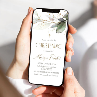 Digital Greenery Christening Invitation Template, Electronic Christening Invite, Boy Girl Christening, Editable Baptism Text Message Evite