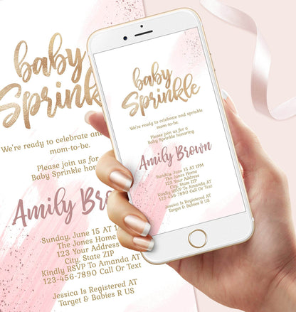 Digital Girl Baby Sprinkle text message invitation template, Rose Gold Pink Baby Shower Invite, Electronic Baby Sprinkle Invite, Phone Evite