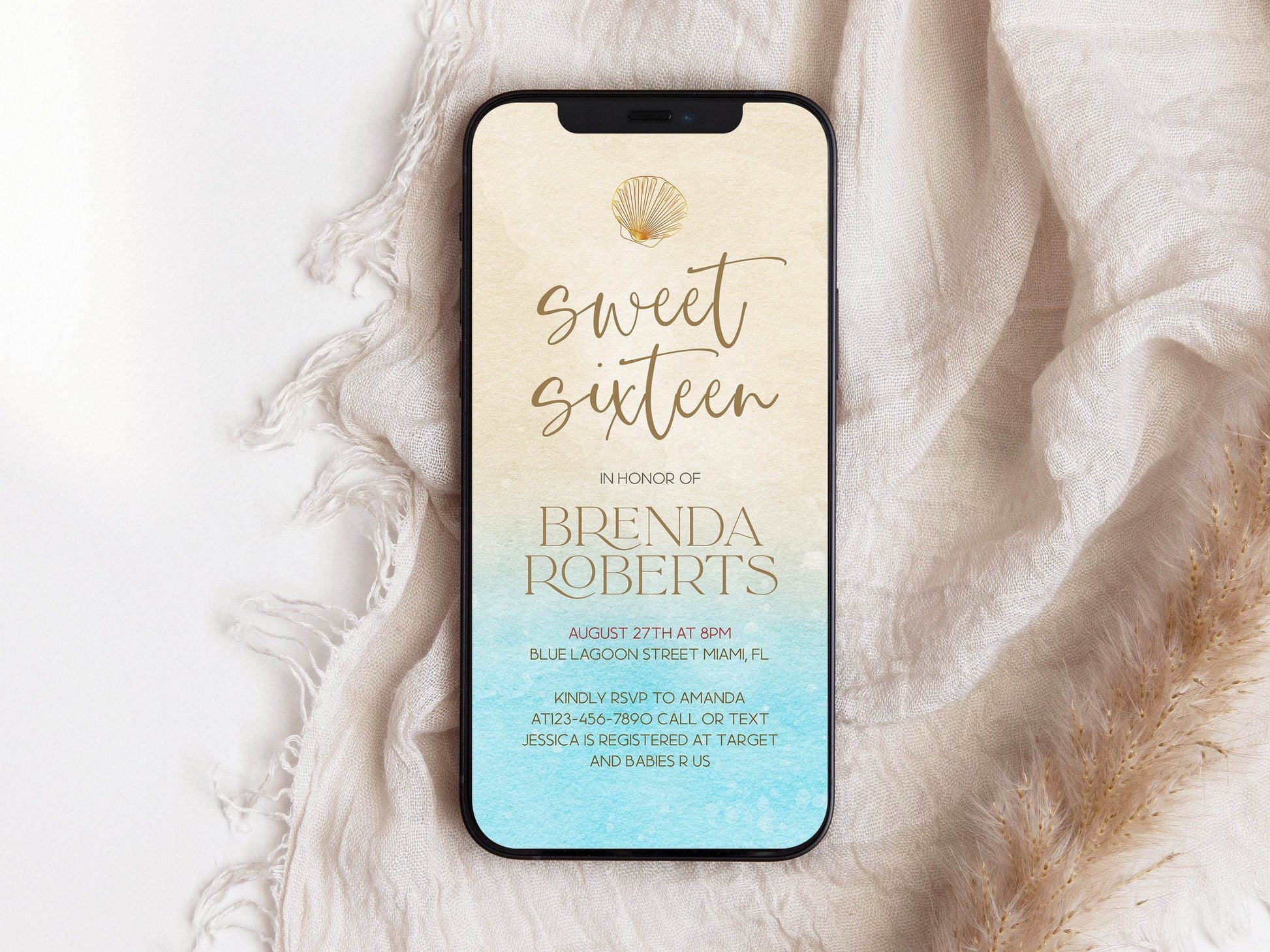 Digital Sweet Sixteen 16 Beach Birthday Party Invite, Electronic Invitation Template, Sixteen SMS Text Message Evite, Watercolor DIY Invite