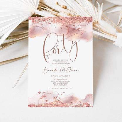 Rose Gold 40th Birthday Invitation Template | Editable Forty Women Birthday Card | Printable Rose Gold Foil Invite | Text Message Digital Download