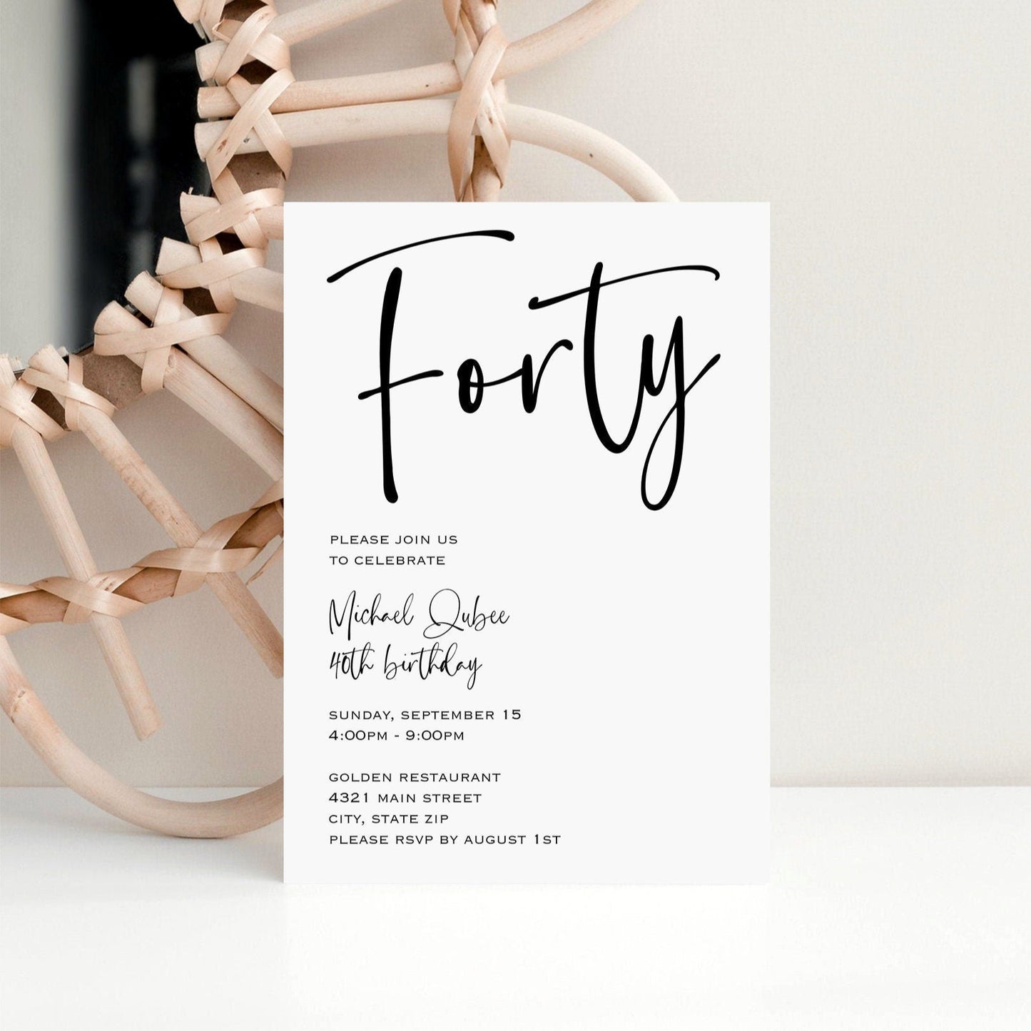 Simple 40th Birthday Invitation, Editable Birthday Invite, Forty Birthday, Printable Women or Mens Birthday Invitation, INSTANT DOWNLOAD DIY