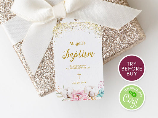 Floral Thank You Baptism Tag Template, Printable First Communion Favor Tags, Pink Gold Girl Baptism, Christening Tag Instant Download DIY