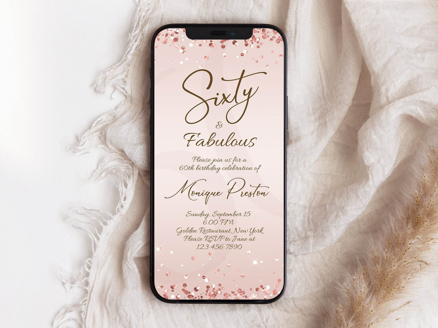Sixty and Fabulous Dinner Party Invitation – Editable Rose Gold 60th Birthday Template for Women | Elegant Electronic Evite | Instant Download