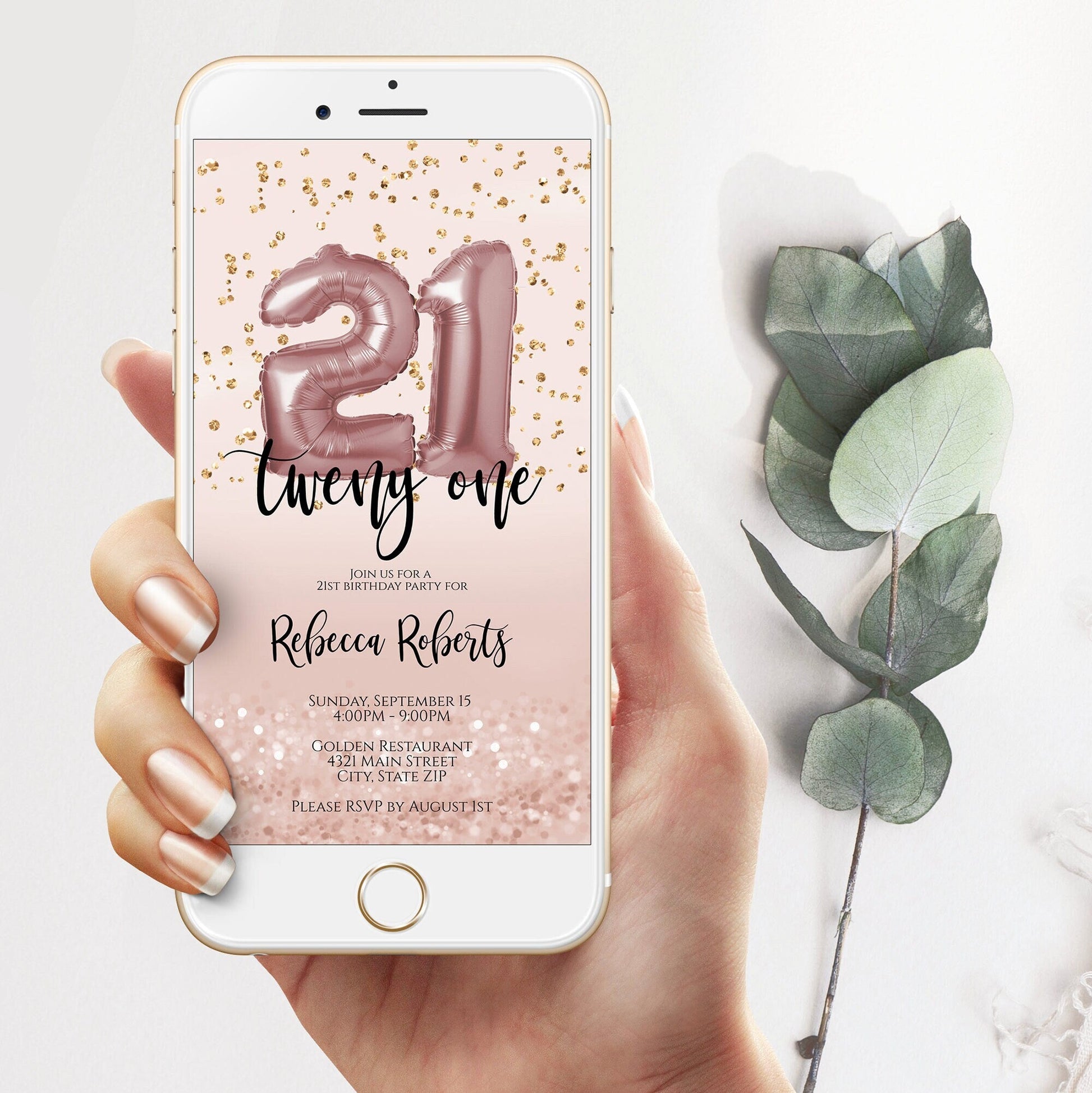 21th Birthday Invitation Electronic, Twenty One Editable Invite for girl, Mobile Invite, Evite, Digital Template, Phone text message Evite