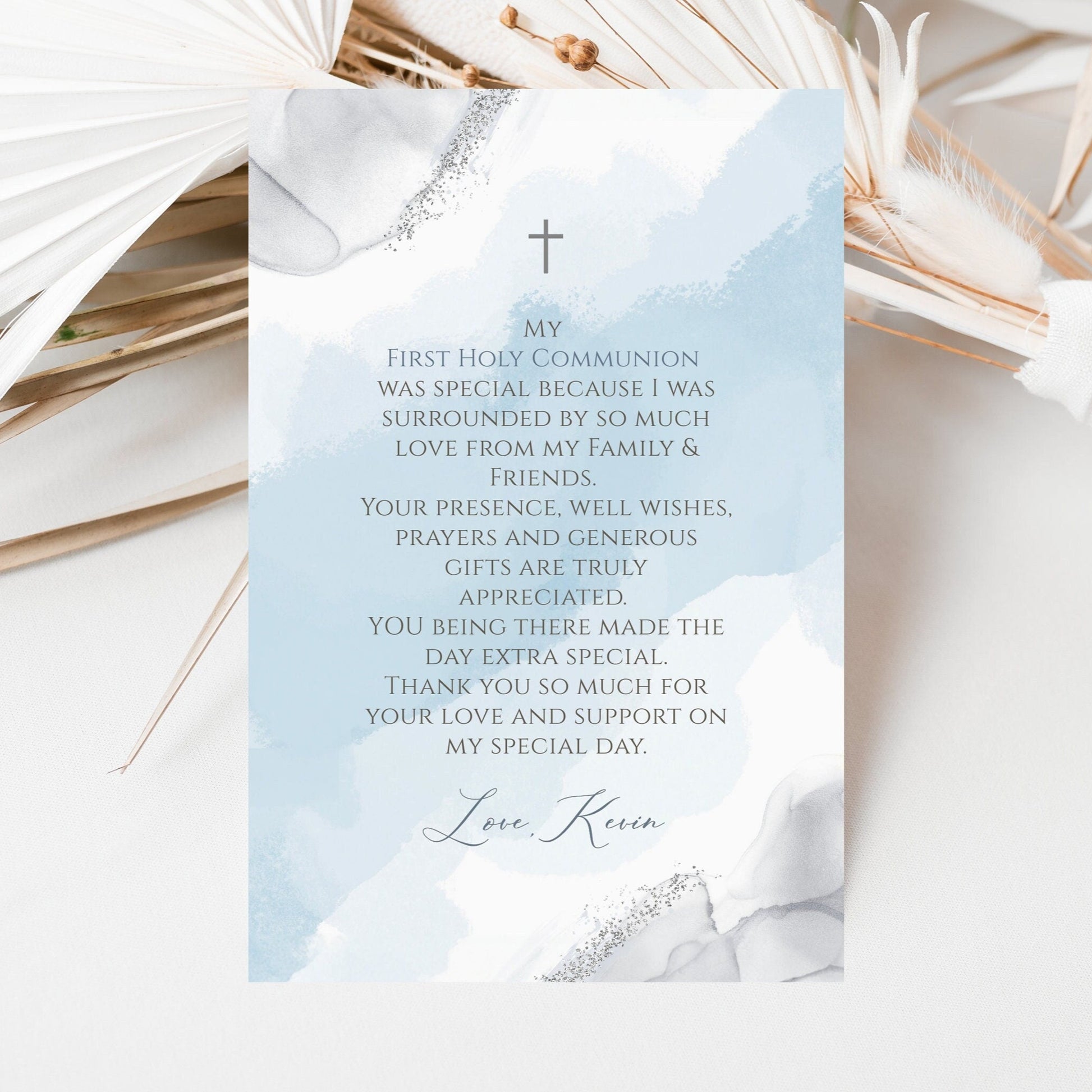 Printable Thank You Card Template, 4x6 Editable Boy First Holy Communion Thank You Note, Blue Silver Watercolor Thank You Card, Text Message
