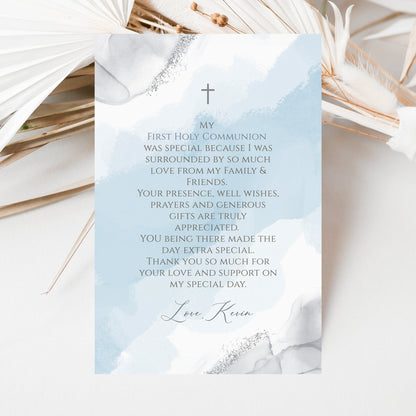 Printable Thank You Card Template, 4x6 Editable Boy First Holy Communion Thank You Note, Blue Silver Watercolor Thank You Card, Text Message