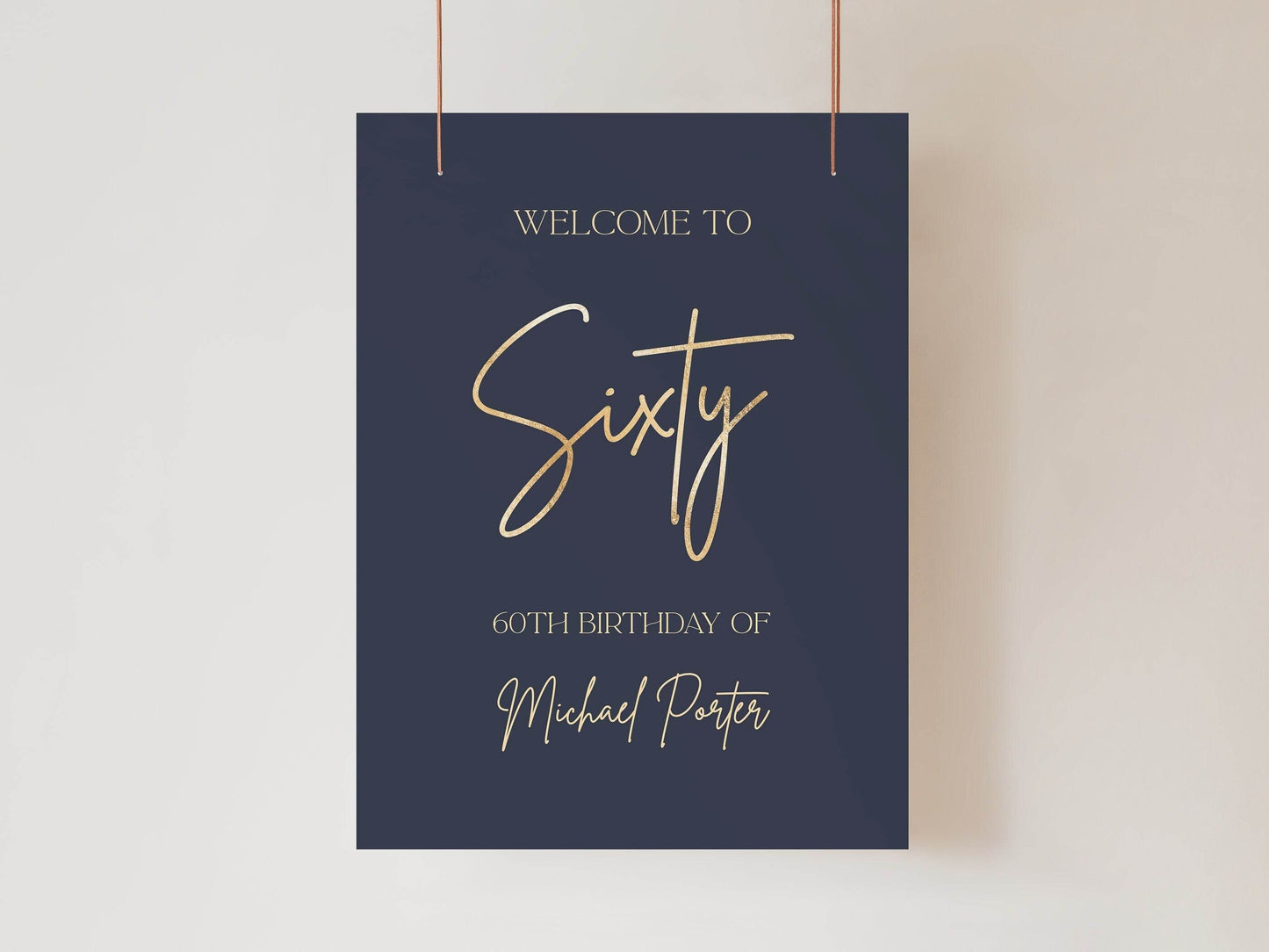 60th Birthday Welcome Sign Template | Navy & Gold Foil Editable Poster | Printable Modern Party Sign for Men | Instant Download Birthday Decoration