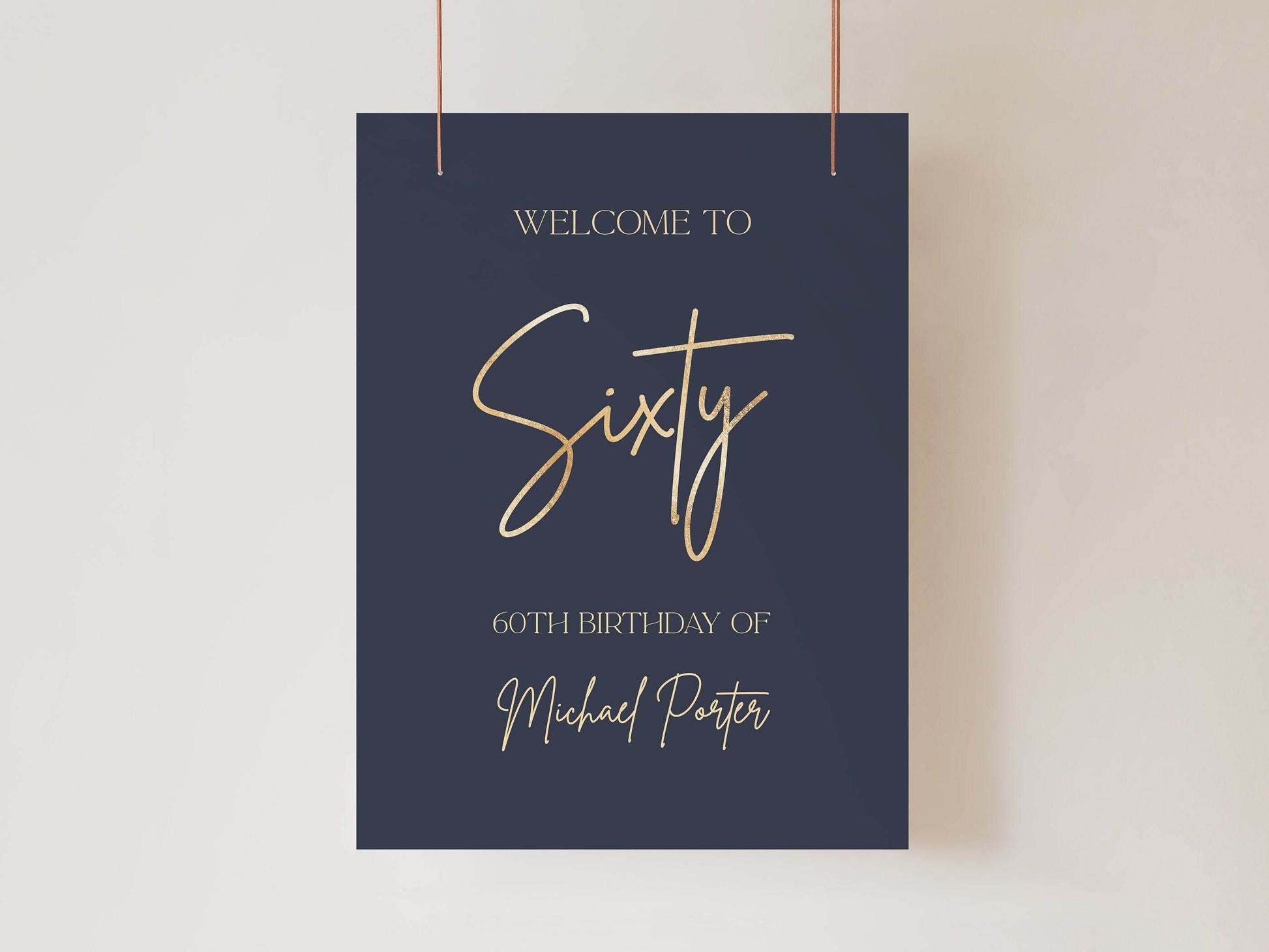 60th Birthday Welcome Sign Template | Navy & Gold Foil Editable Poster | Printable Modern Party Sign for Men | Instant Download Birthday Decoration