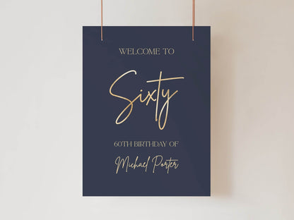 60th Birthday Welcome Sign Template | Navy & Gold Foil Editable Poster | Printable Modern Party Sign for Men | Instant Download Birthday Decoration