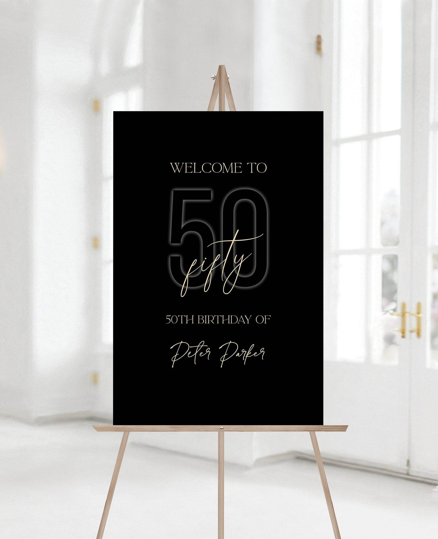 Printable 50th Birthday Welcome Sign, Black Gold Editable Party Poster, Any Age Sign Template, Modern Birthday Decor, Instant Download