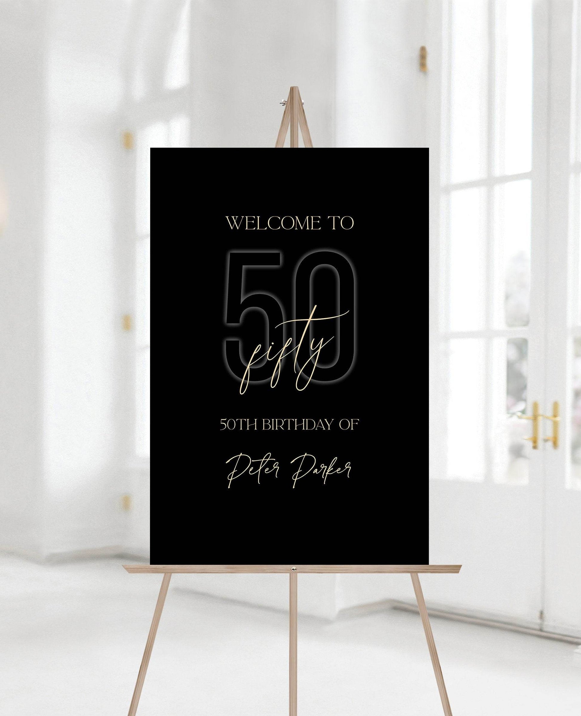 Printable 50th Birthday Welcome Sign, Black Gold Editable Party Poster, Any Age Sign Template, Modern Birthday Decor, Instant Download