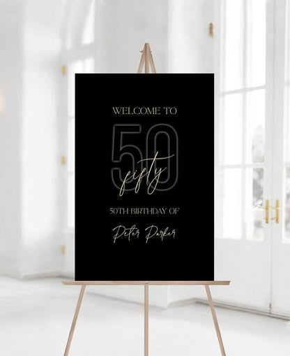 Printable 50th Birthday Welcome Sign, Black Gold Editable Party Poster, Any Age Sign Template, Modern Birthday Decor, Instant Download