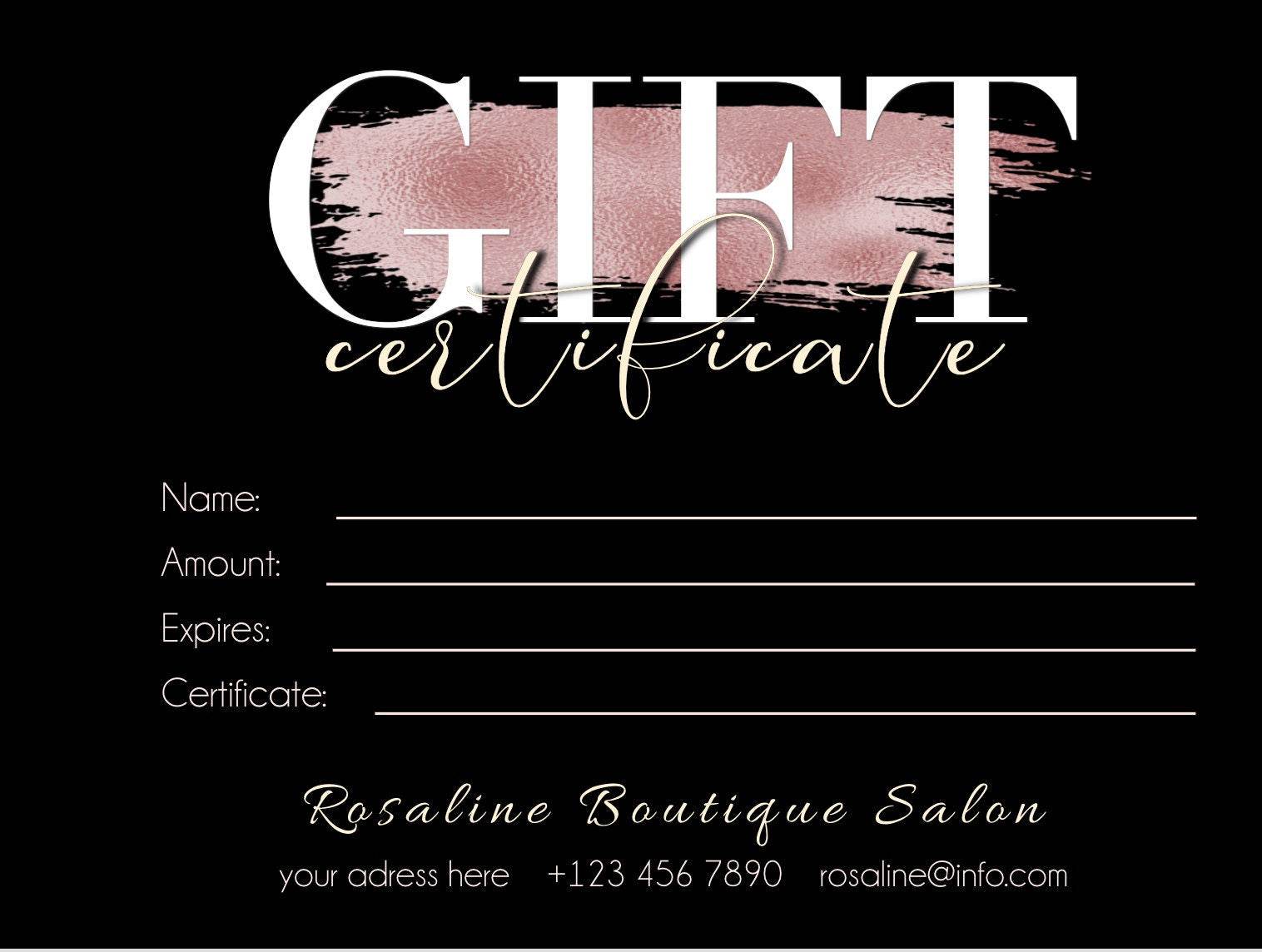 Editable Rose Gold Gift Certificate Template, Beauty Black Gift Certificate, Gift Voucher Template, Printable Gift Card, Shop Card Voucher