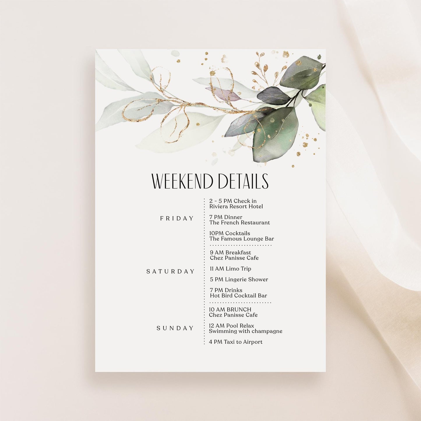 Editable Greenery Wedding Itinerary Card Template, Eucalyptus Wedding Weekend Details Template, Digital Timeline Schedule Weekend Events